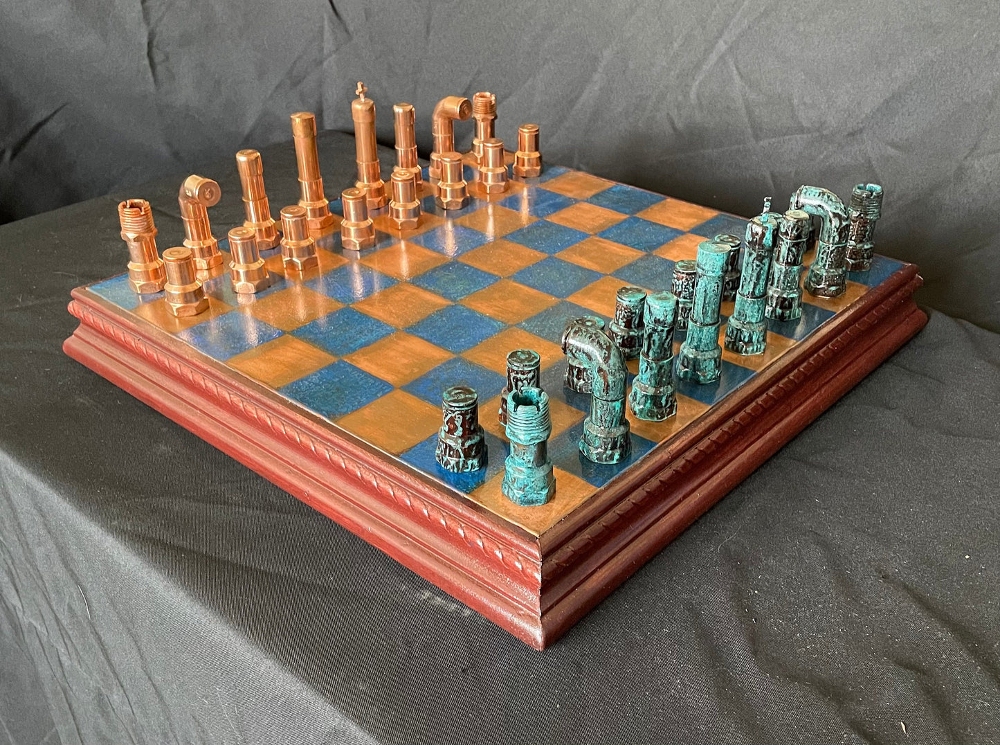 Handcrafted Copper Chess Set – Industrial Steampunk Design with Patinated Plumbing Pieces and Blue Copper Board