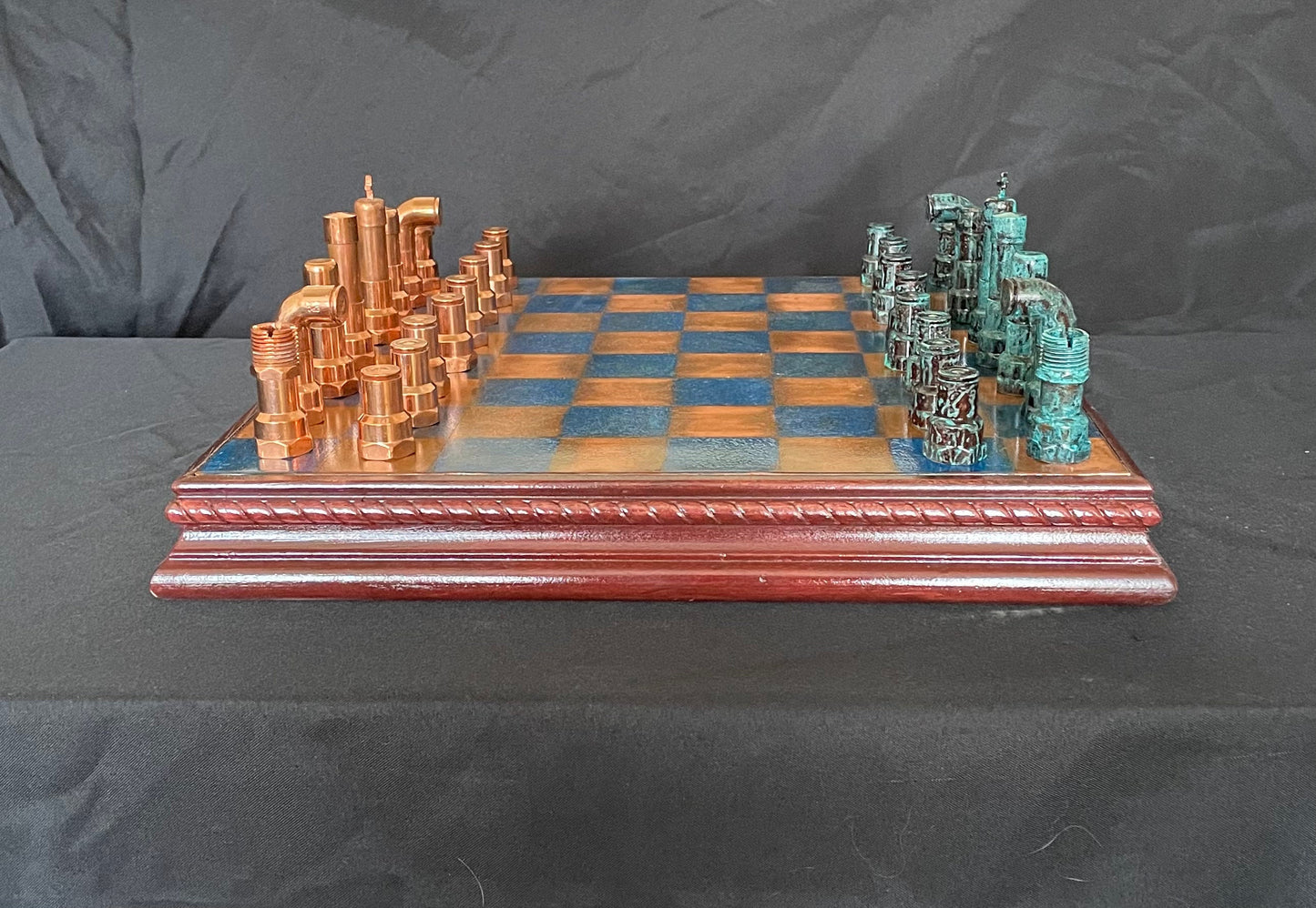Handcrafted Copper Chess Set – Industrial Steampunk Design with Patinated Plumbing Pieces and Blue Copper Board